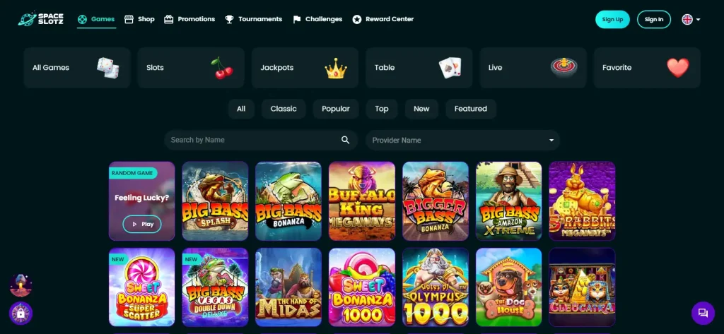 Current Space Slotz game lobby with game-category navigation and representative casino titles