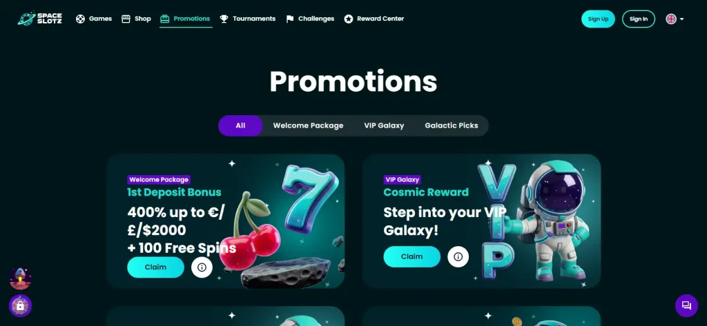 Current Space Slotz welcome offer panel and bonus terms