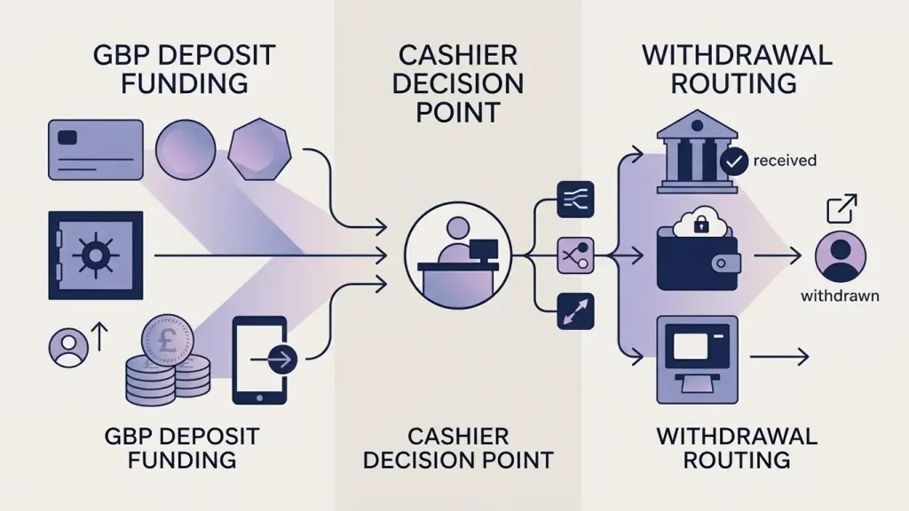 Editorial diagram separating Space Slotz deposits, withdrawals and GBP payment context