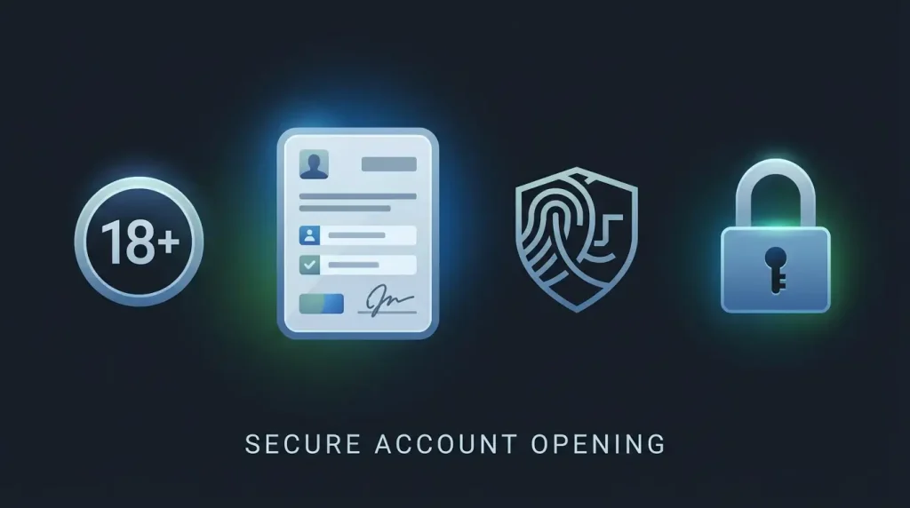 Neutral illustration of online casino account setup, age checks, identity verification and account security