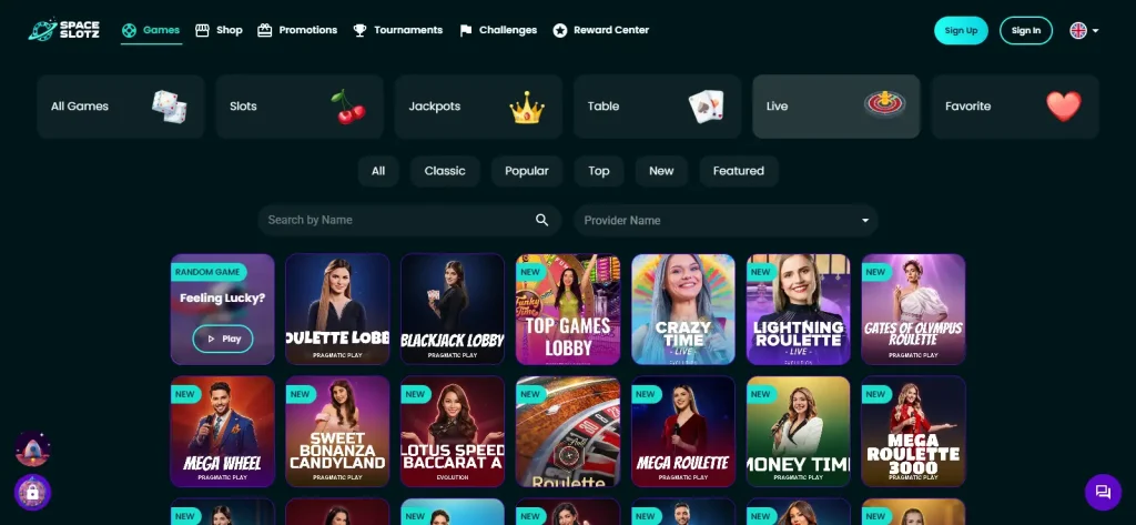 Current Space Slotz live casino lobby showing live table categories