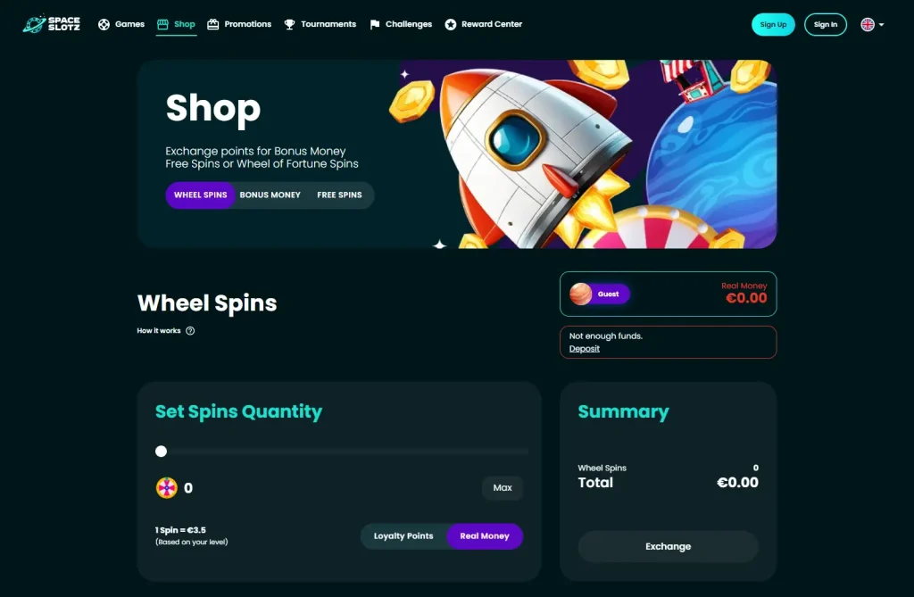 Current Space Slotz challenges and reward center interface